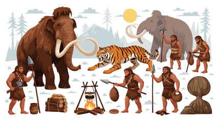 Prehistoric scene of cavemen using primitive tools to hunt large woolly mammoths and a dangerous saber-tooth tiger.