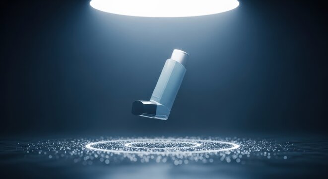 Inhaler for asthma and respiratory relief, levitating in a futuristic, illuminated environment with glowing digital particles, symbolizing advanced medical technology and treatment.