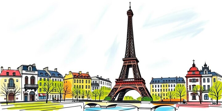 Whimsical sketch of Parisian landmarks, Eiffel Tower prominent, loose style, city, building