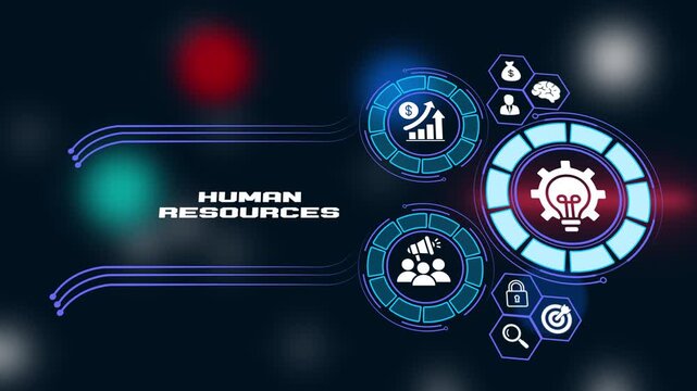 Human Resources Concept with Digital Talent Management HUD Interface and Workforce Recruitment Employee Development Icons for Corporate HR Solutions