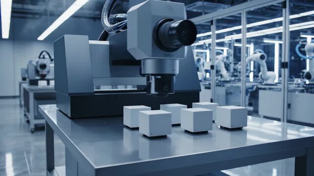 Advanced coordinate measuring machine cmm performing quality inspection on small white cubes in a modern automated factory setting