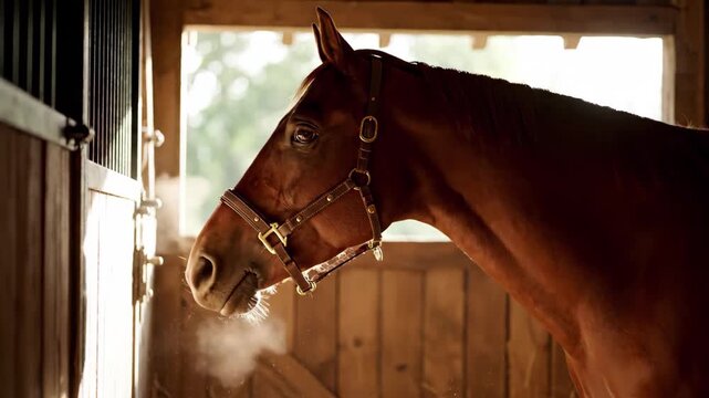 Closeup of a brown horse in a wooden stable stall with bright backlighting