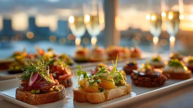 Gourmet canapes on white catering plate with sparkling champagne flutes in soft golden sunset bokeh and cool blue city skyline background