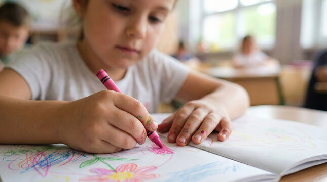 Close up of a focused little girl drawing with a pink crayon in a notebook at kindergarten