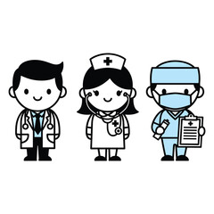 Medical professionals set with doctor and nurse in flat design vector illustration