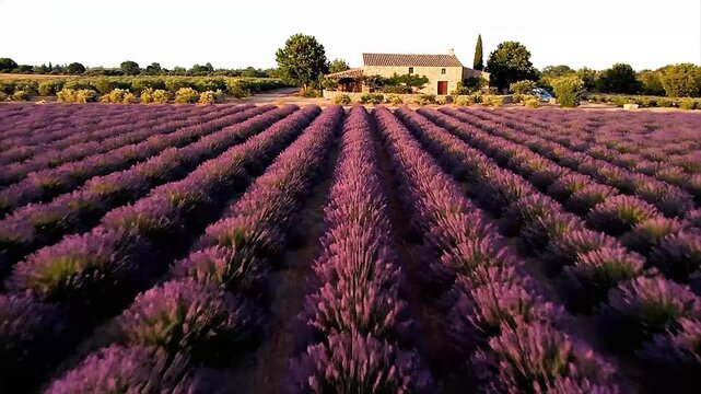 Expansive Lavender Field with Farmhouse in Provence France.