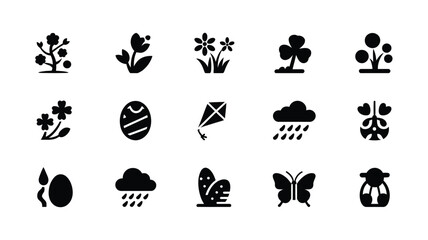 Obraz premium A clean graphic design showcasing a collection of black icons on white background including plants weather symbols and insects for various uses