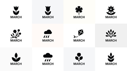 Minimalist march logos featuring springtime icons and typography on white background © Soma