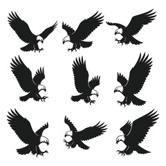 Fototapeta premium Bald eagles flying in formation vector illustration, majestic birds of prey in dynamic motion flat design