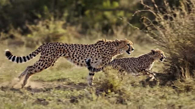 Mother cheetah and cub running at full speed through dry grassland savannah during golden hour