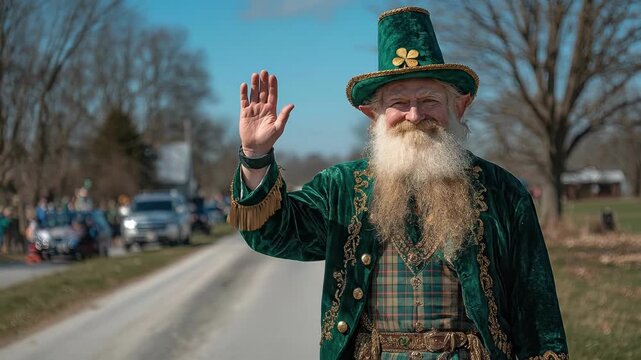 Elderly caucasian man in green festive outfit waving on a sunny road. Saint Patrick's Day, St Paddy's Day, St Patty's Day - Irish National Holiday and Cultural Celebration