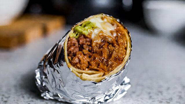 Delicious grilled chicken burrito wrapped in foil on rustic table for fast food meal concept for Burrito Day celebration