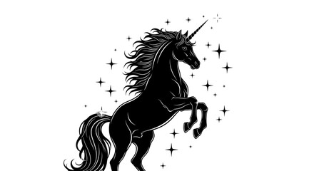 Black silhouette of a unicorn surrounded by stars on white background. © Abhinaya Project
