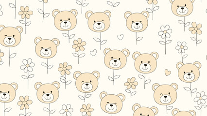Obraz premium Adorable seamless pattern featuring charming cartoon bear faces playfully integrated into flower stems, complemented by tiny hearts on a light cream background.