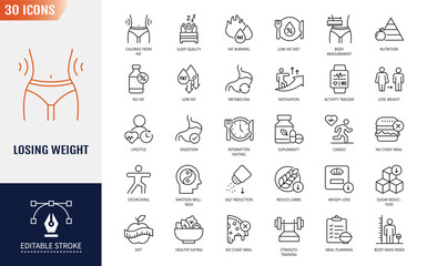 Naklejka premium Losing Weight icon set. icons related to Diet, weight loss, nutrition, and more. Outline icon with Editable stroke. Vector illustration