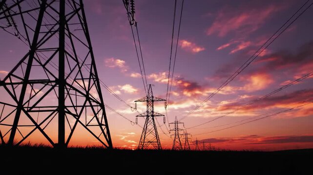 Silhouette of electricity pylons and power lines against a dramatic sunset sky with orange and purple clouds