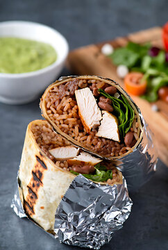 Grilled chicken and cheese burrito wrap with fresh salad and guacamole on dark slate table for healthy meal concept for Burrito Day celebration