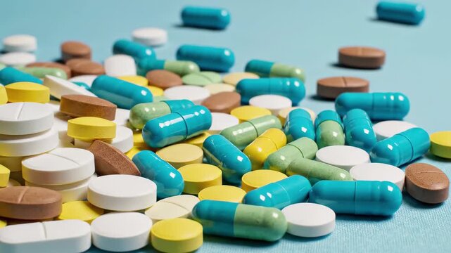 Assortment of colorful prescription and overthecounter pills and capsules scattered on a light blue textured surface