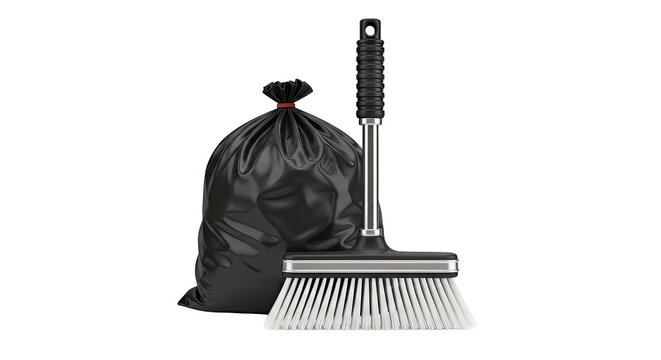 Black trash bag and broom on a white background
