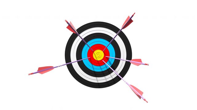 Archery target with many arrows. One hits the center bullseye, showing success, while others miss. Concept for business success, goals, accuracy, and leadership.  