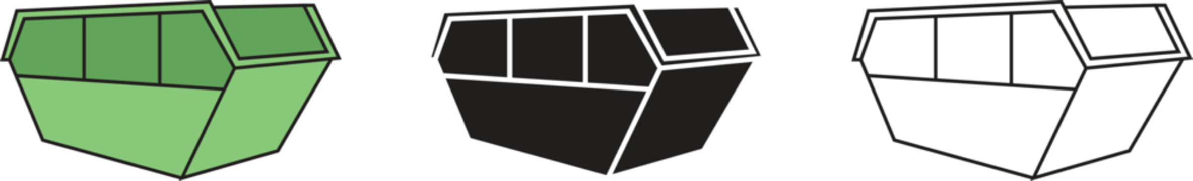 Skip bin vector Icon Illustration green, black and outline large skip bin open top waste container Icon design.