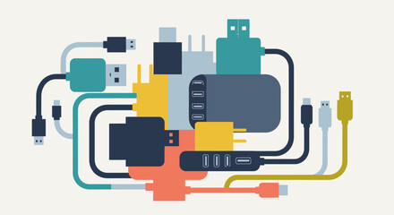 Colorful illustration of various computer cables and connectors.