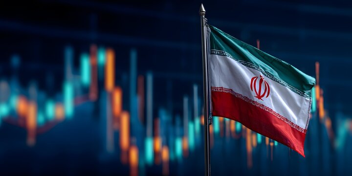 Iran national flag waving on flagpole against blurry stock market trading graph with red and green candlesticks indicating financial growth and loss uncertainty
