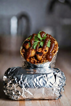 Delicious grilled chicken and vegetable burrito wrap on slate with fresh herbs for Mexican cuisine and Burrito Day celebration