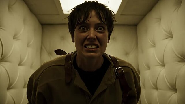 Agitated Woman in Straitjacket Shouting in White Padded Cell - Concept of Severe Mental Illness and Restraint