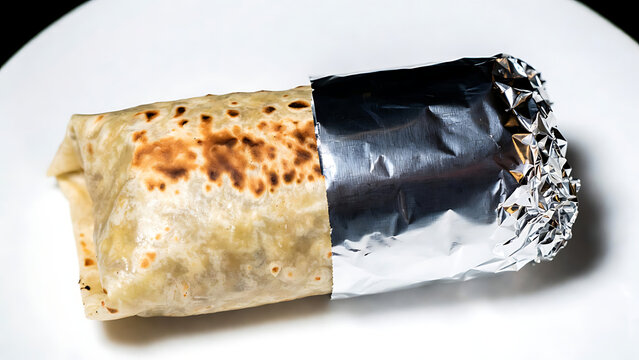 Grilled chicken and black bean burrito cut in half on white plate with fresh cilantro garnish for Mexican cuisine meal for Burrito Day celebration