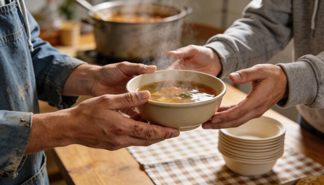 A close-up of hands respectfully passing a warm bowl of soup to a person at a community soup kitchen