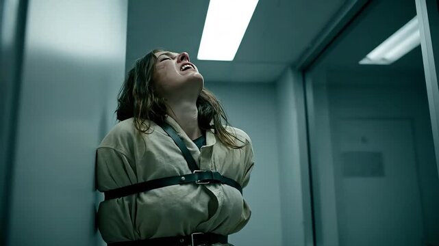 Desperate Woman in Straitjacket Screaming in Hospital Hallway - Mental Health Crisis and Psychiatric Ward Concept