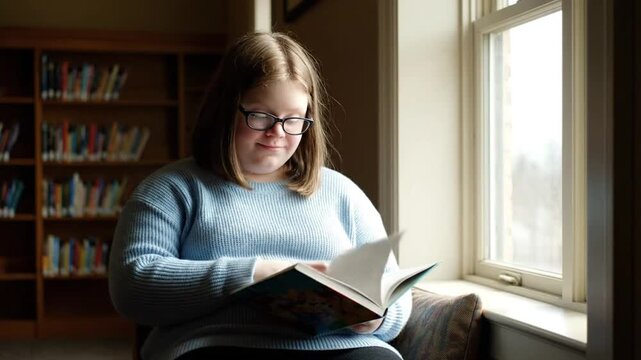 A young woman reading a book by the window in a cozy library setting with bookshelves nearby viewed from a slight angle