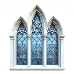 Fototapeta premium An intricate gothic church window features three arched sections with detailed stone tracery and textured glass