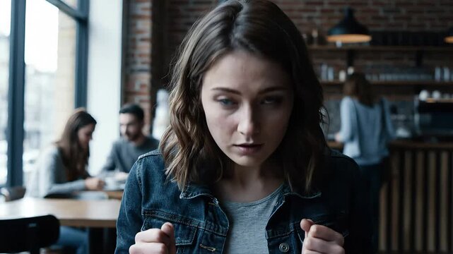 Young Woman Feeling Anxious and Overwhelmed in Busy Cafe - Concept of Social Anxiety and Sensory Overload