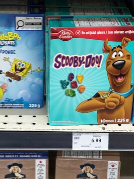 Scooby-Doo Fruit Snacks Display on Grocery Store Shelf &ndash; Canadian Retail Snack Aisle. February 27 2026. Gleichen Alberta Canada. For editorial use only.
