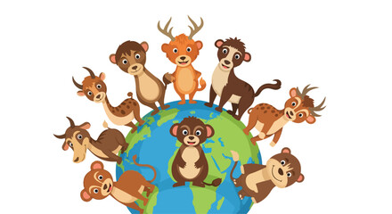 Fototapeta premium Colorful illustration of diverse animals gathered around the Earth for World Wildlife Day