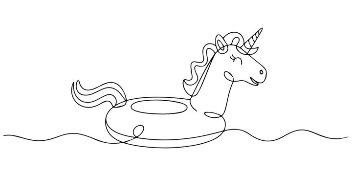 Inflatable unicorn pool float continuous one line drawing, Unicorn swimming ring, continuous line art design isolated. Inflatable life buoy on water pool. Summer vacation beach party concept. Vector.