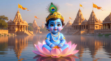 Obraz premium Baby Krishna sitting on a lotus flower in a serene lake with temples Hindu god deity