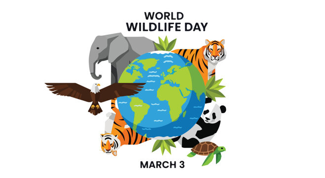 Illustration of various animals surrounding a globe for World Wildlife Day on March 3 with a colorful and educational design