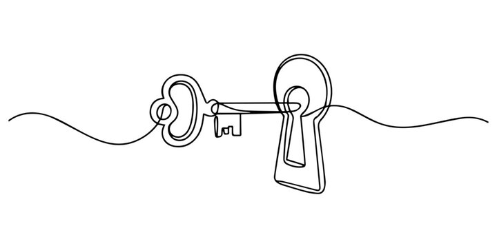 key in lock continuous one line drawing, Minimalist continuous line art showing a key inserted into a lock, symbolizing problem solving, opening new doors, and security for modern business visuals pro