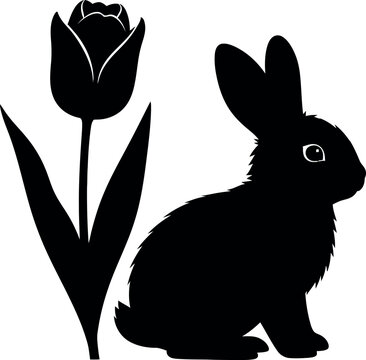 Simple black vector silhouettes of a rabbit and tulip flower arranged side by side on an empty white surface Adobe Illustrator Artwork
