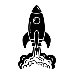 Rocket ship launching with smoke clouds, black and white flat icon for space exploration and startup growth concept