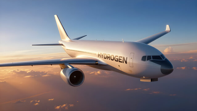 A white passenger airplane labeled hydrogen soars through the sky during a vibrant sunset showcasing future aviation concept
