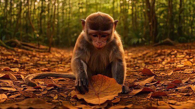 Adorable baby monkey sitting on a forest floor covered with autumn leaves.