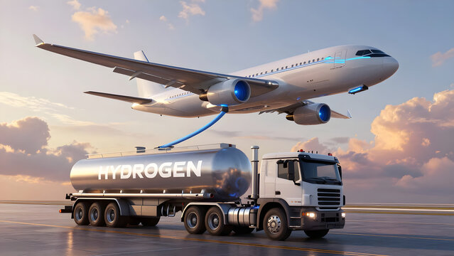 A commercial airplane receives hydrogen fuel from a tanker truck on an airport tarmac at sunset professional concept