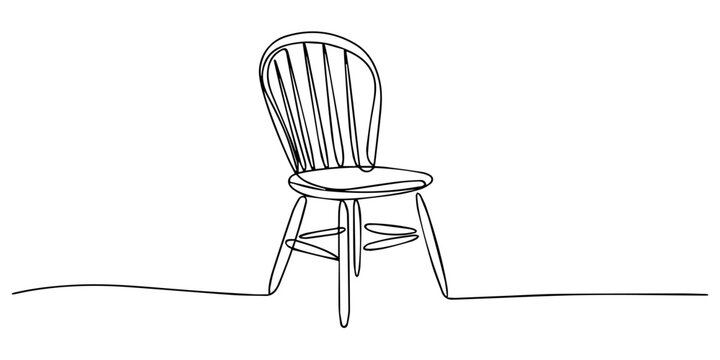 wooden spindle chair continuous one line drawing, Simple line drawing of a classic wooden rocking chair on a plain white background. Vector, illustration, A classic wooden spindle back chair provides.