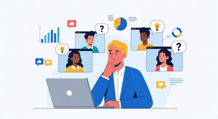 Businessman in blue suit video conferencing with colleagues online thinking with hand on chin surrounded by graphs and charts on laptop screen remote team communication concept