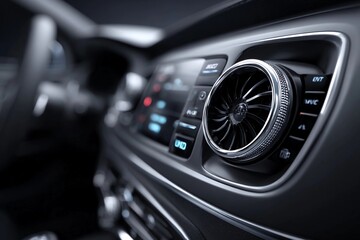 Fototapeta premium Close-up view of a car dashboard showing air conditioning controls and vents at night