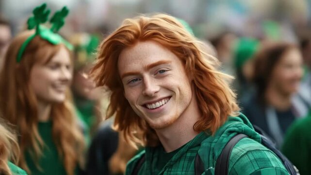 Young caucasian man celebrating st. patrick's day with red hair and green attire in a festive crowd. Saint Patrick's Day, St Paddy's Day, St Patty's Day Irish National Holiday and Cultural Celebration